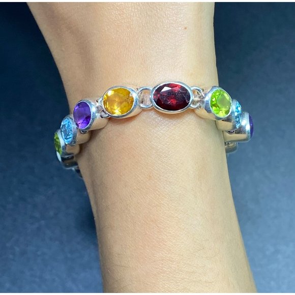 Doug Paulus 925 Multi Gemstone Bracelet Chain Link Designer Signed 7 inches Fine - Picture 2 of 7